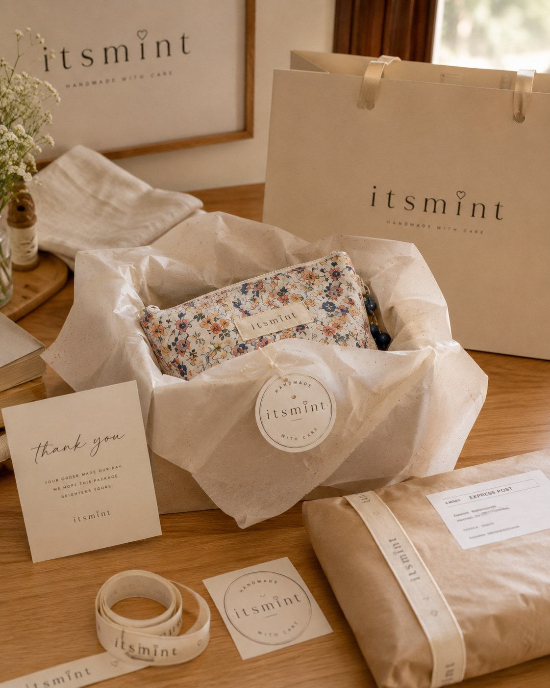 An Itsmint order wrapped in tissue, tagged and prepared for express post