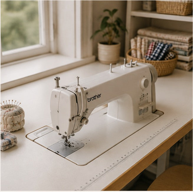 Professional sewing machine flush-mounted into the Itsmint Melbourne studio worktable